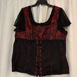 Tripp NYC Black and Red Lace Tie Front Corset with back zipper, whimsigoth, s 3